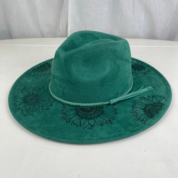 Emerald Green Faux Suede Hand Burned Wide Flat Brim Hat Sunflowers ADJUSTABLE SZ - Picture 3 of 16